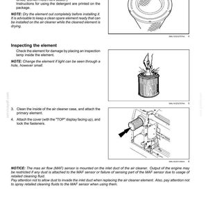Puede incluir: Diagramas que ilustran los pasos de mantenimiento del filtro de aire. Incluye im&aacute;genes del cartucho del filtro de aire, la inspecci&oacute;n, la limpieza de la carcasa y la fijaci&oacute;n de la cubierta. El texto proporciona instrucciones y advertencias.