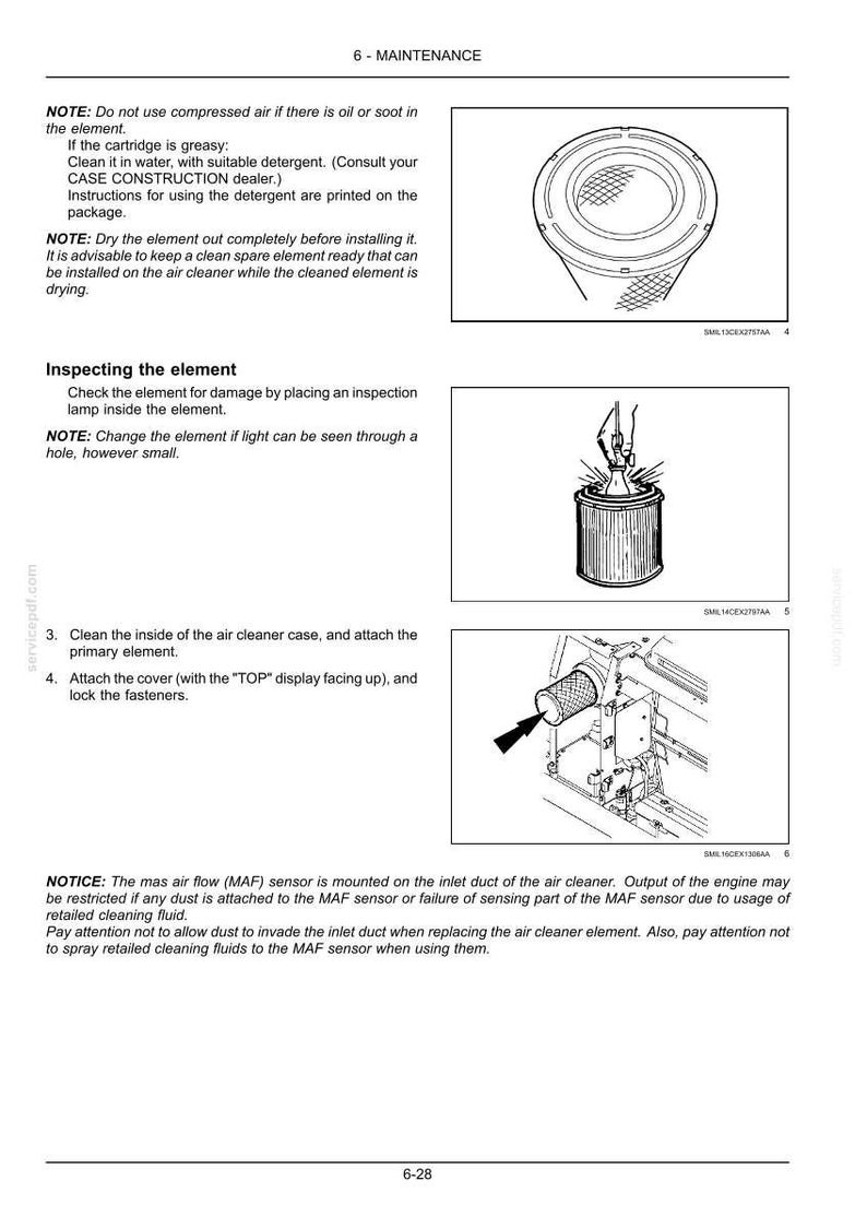 Puede incluir: Diagramas que ilustran los pasos de mantenimiento del filtro de aire. Incluye im&aacute;genes del cartucho del filtro de aire, la inspecci&oacute;n, la limpieza de la carcasa y la fijaci&oacute;n de la cubierta. El texto proporciona instrucciones y advertencias.