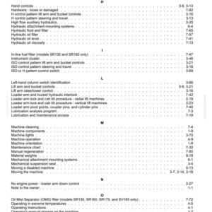 May include: A detailed index from a manual, featuring sections on machine operation, hydraulic systems, and maintenance. The text is organized with headings and page numbers, providing a comprehensive guide to various machine components and procedures.