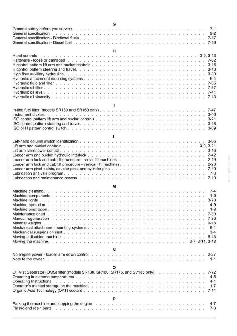 May include: A detailed index from a manual, featuring sections on machine operation, hydraulic systems, and maintenance. The text is organized with headings and page numbers, providing a comprehensive guide to various machine components and procedures.