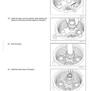 May include: Diagram of hydrostatic drive pump and motor components. Step-by-step instructions with illustrations for installing bushings, gears, and snap rings into a gearbox. Includes reference marks and gear placement details.
