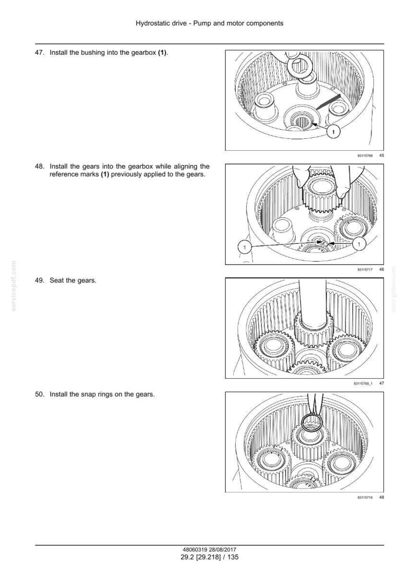 May include: Diagram of hydrostatic drive pump and motor components. Step-by-step instructions with illustrations for installing bushings, gears, and snap rings into a gearbox. Includes reference marks and gear placement details.