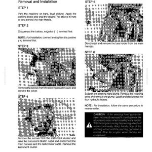 May include: A page from a manual detailing the removal and installation of a steering hand pump. The text includes steps, diagrams, and a caution notice. The document is printed in black and white.