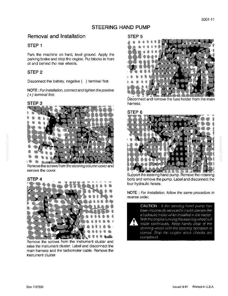 May include: A page from a manual detailing the removal and installation of a steering hand pump. The text includes steps, diagrams, and a caution notice. The document is printed in black and white.