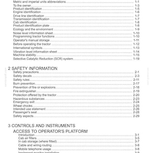 Pode incluir: Uma p&aacute;gina de &iacute;ndice em preto e branco para um manual de trator. O documento lista se&ccedil;&otilde;es incluindo Informa&ccedil;&otilde;es Gerais, Informa&ccedil;&otilde;es de Seguran&ccedil;a e Controles e Instrumentos, com os n&uacute;meros de p&aacute;gina correspondentes para cada t&oacute;pico.