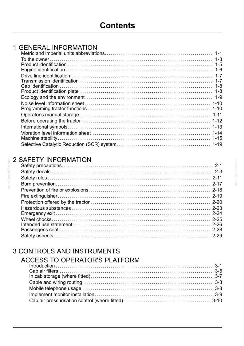 Pode incluir: Uma p&aacute;gina de &iacute;ndice em preto e branco para um manual de trator. O documento lista se&ccedil;&otilde;es incluindo Informa&ccedil;&otilde;es Gerais, Informa&ccedil;&otilde;es de Seguran&ccedil;a e Controles e Instrumentos, com os n&uacute;meros de p&aacute;gina correspondentes para cada t&oacute;pico.