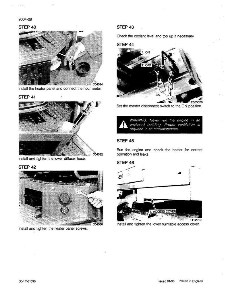 May include: A technical manual page with multiple steps for machinery maintenance. The steps include installing panels, connecting meters, tightening hoses, and checking components. The page has diagrams and instructions.