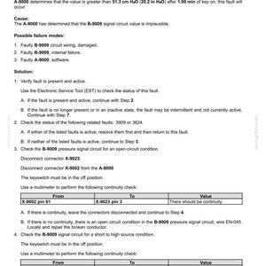 May include: Technical document detailing fault codes for electrical systems. The document includes troubleshooting steps for the 3631-Crankcase pressure sensor value, with instructions for checking continuity using a multimeter. Includes tables with pin configurations.