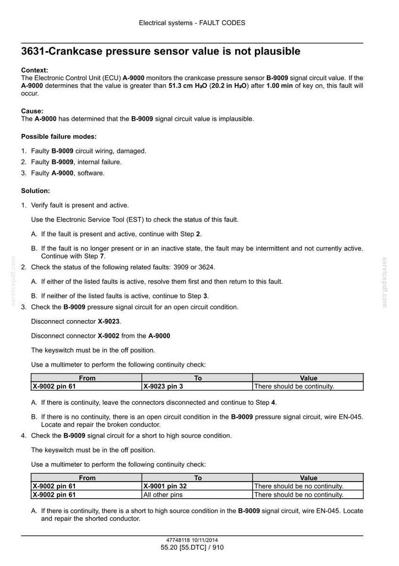 May include: Technical document detailing fault codes for electrical systems. The document includes troubleshooting steps for the 3631-Crankcase pressure sensor value, with instructions for checking continuity using a multimeter. Includes tables with pin configurations.
