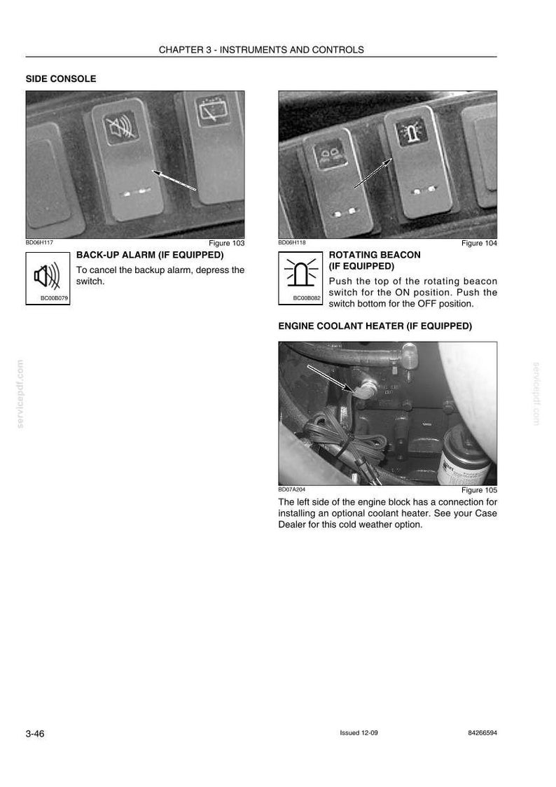 Op de afbeelding: Diagram van het dashboard van een voertuig, met gelabelde schakelaars voor de achteruitrijalarm en zwaailicht. De afbeelding toont ook de aansluiting van de motor koelvloeistofverwarming. Tekst bevat instructies.