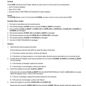 May include: A technical document detailing fault codes for electrical systems, specifically an open circuit at AUX 2 Right High Side Driver. Includes troubleshooting steps and connector diagrams. The document is dated July 31, 2018.