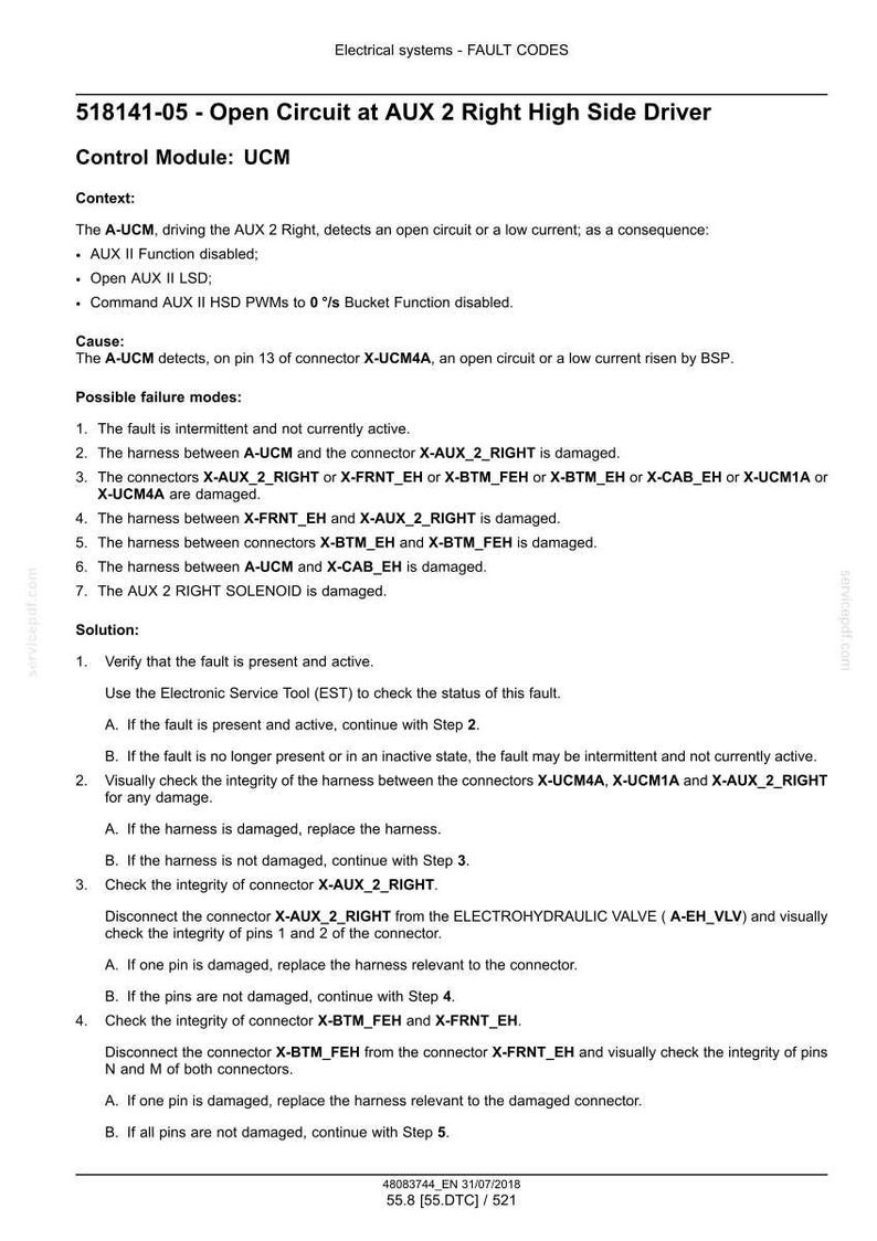 May include: A technical document detailing fault codes for electrical systems, specifically an open circuit at AUX 2 Right High Side Driver. Includes troubleshooting steps and connector diagrams. The document is dated July 31, 2018.