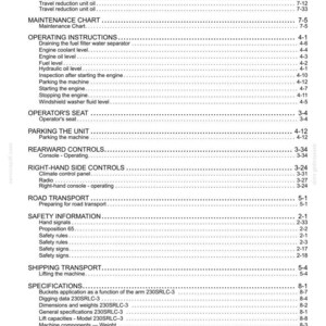 May include: A black and white table of contents page from a technical manual for a 230SRLC-3 machine. The text lists sections including Maintenance Chart, Operating Instructions, Operator's Seat, Rearward Controls, Safety Information, and Specifications.
