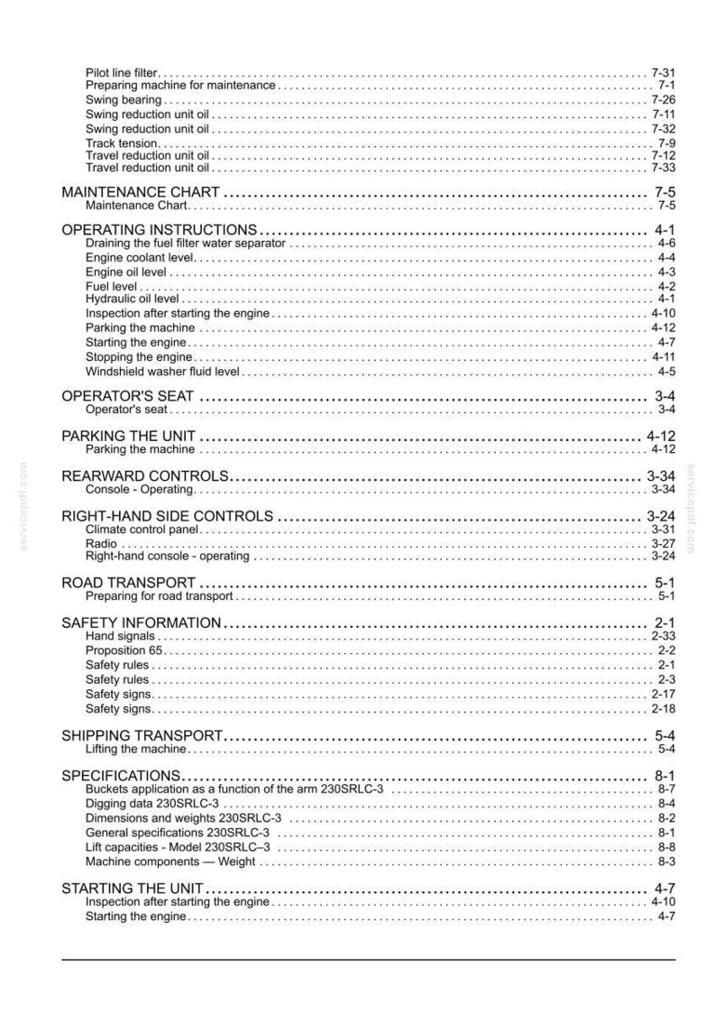 May include: A black and white table of contents page from a technical manual for a 230SRLC-3 machine. The text lists sections including Maintenance Chart, Operating Instructions, Operator's Seat, Rearward Controls, Safety Information, and Specifications.