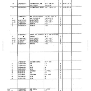 May include: A technical parts list document titled YH02-01301-YY02-03001, featuring a table with columns for item numbers, part numbers, English and Japanese part names, quantities, and references for mechanical components like cylinders and bushings.