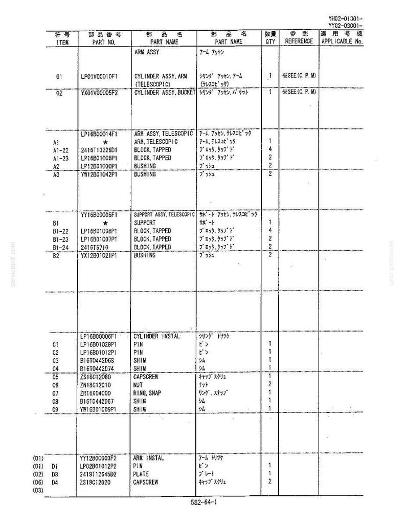 May include: A technical parts list document titled YH02-01301-YY02-03001, featuring a table with columns for item numbers, part numbers, English and Japanese part names, quantities, and references for mechanical components like cylinders and bushings.