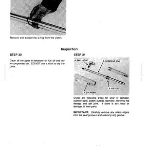 May include: Technical diagram with instructions for inspecting and maintaining mechanical parts. Includes close-up of a hand removing an o-ring from a piston, and diagrams of a cylinder, piston, steering rod, and ball joint.