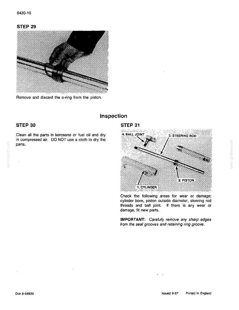 May include: Technical diagram with instructions for inspecting and maintaining mechanical parts. Includes close-up of a hand removing an o-ring from a piston, and diagrams of a cylinder, piston, steering rod, and ball joint.