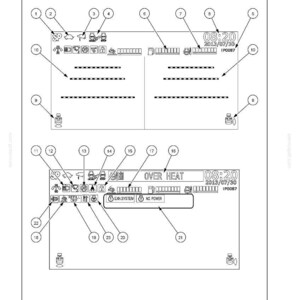 K&ouml;nnte beinhalten: Diagramm eines Bedienfelds mit verschiedenen Symbolen und Text. Das Panel zeigt Betriebsmodi an, einschlie&szlig;lich Anzeigen f&uuml;r Temperatur, Systemstatus und Uhrzeit. Der Text enth&auml;lt "OVER HEAT", "EXH.SYSTEM" und "NO POWER".