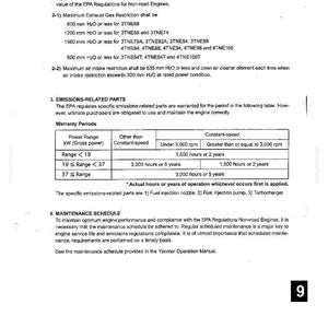 May include: A technical document page titled SPECIFICATIONS (EPA ENGINE) detailing engine installation requirements, exhaust gas restrictions in mm H2O, emissions-related parts warranty periods in hours or years, and maintenance schedule information.