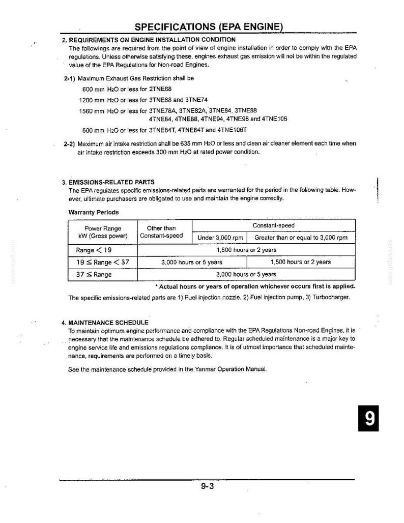 May include: A technical document page titled SPECIFICATIONS (EPA ENGINE) detailing engine installation requirements, exhaust gas restrictions in mm H2O, emissions-related parts warranty periods in hours or years, and maintenance schedule information.