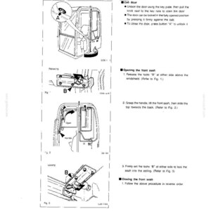 May include: A technical manual page titled Cab SK015 showing line drawings for operating a cab door and front sash. It includes diagrams labeled A and B with instructions for unlocking, opening, and locking the door and sash mechanisms.