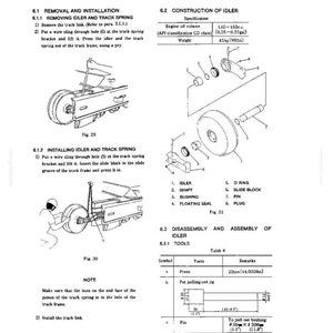 Peut inclure: Une page de manuel technique intitul&eacute;e 6. IDLER AND TRACK SPRING, pr&eacute;sentant des dessins au trait en noir et blanc de composants m&eacute;caniques, des sch&eacute;mas d'assemblage et des tableaux d&eacute;taillant les sp&eacute;cifications et les outils pour machines.