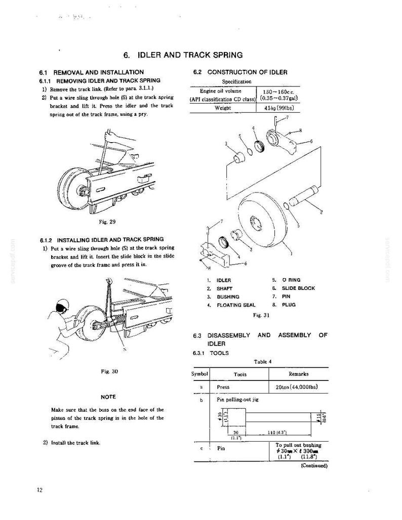 Peut inclure: Une page de manuel technique intitul&eacute;e 6. IDLER AND TRACK SPRING, pr&eacute;sentant des dessins au trait en noir et blanc de composants m&eacute;caniques, des sch&eacute;mas d'assemblage et des tableaux d&eacute;taillant les sp&eacute;cifications et les outils pour machines.