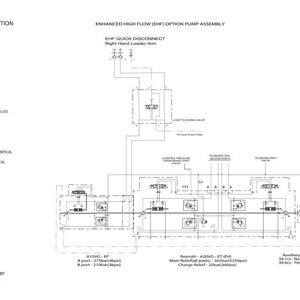 May include: A detailed technical diagram of an enhanced high-flow option pump assembly, featuring various components and connections. Text includes "Enhanced High Flow Option" and model numbers. The diagram uses lines and symbols to represent the system's functionality.