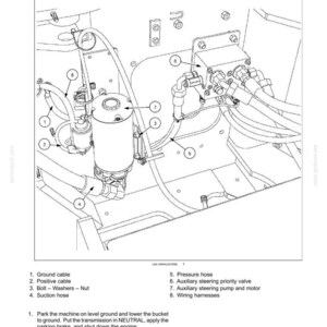 May include: Diagram of auxiliary steering components, including a pump, hoses, and wiring harnesses. The image is a technical illustration with labels for each part, such as the ground cable and pressure hose.