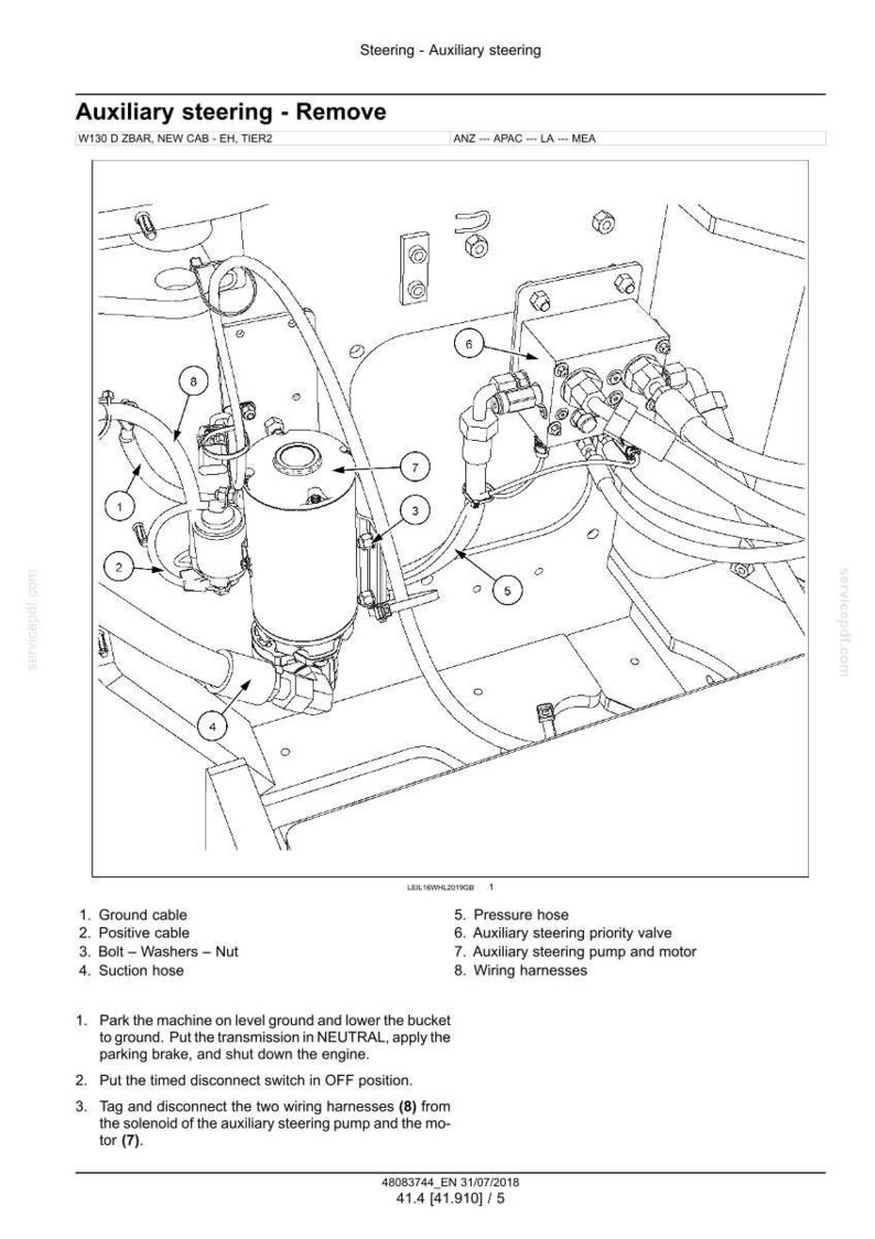 May include: Diagram of auxiliary steering components, including a pump, hoses, and wiring harnesses. The image is a technical illustration with labels for each part, such as the ground cable and pressure hose.