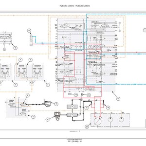 May include: Diagram of a hydraulic system, featuring a complex network of lines, components, and labels. The diagram uses a combination of blue, red, and black lines to illustrate the flow and function of the system. Text at the top reads "Hydraulic systems - Hydraulic systems".