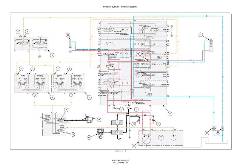 May include: Diagram of a hydraulic system, featuring a complex network of lines, components, and labels. The diagram uses a combination of blue, red, and black lines to illustrate the flow and function of the system. Text at the top reads "Hydraulic systems - Hydraulic systems".