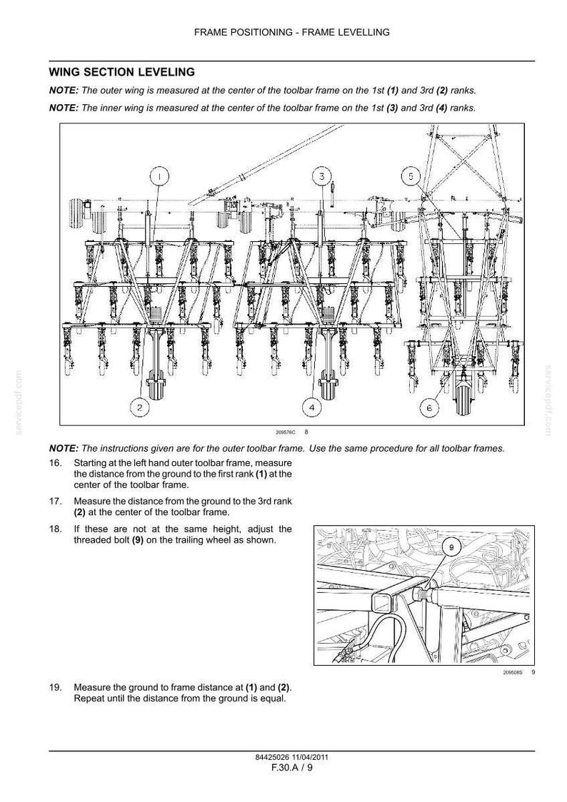 Pu&ograve; includere: Un diagramma tecnico intitolato FRAME POSITIONING - FRAME LEVELLING che mostra le istruzioni per WING SECTION LEVELING. Include un disegno al tratto di un telaio con componenti numerati e un riquadro che mostra un bullone filettato 9.