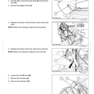 May include: Diagram illustrating the process of removing bale forming rolls. The image includes numbered steps with corresponding diagrams, detailing the removal of hardware, gas struts, and shields. Text instructions are provided.