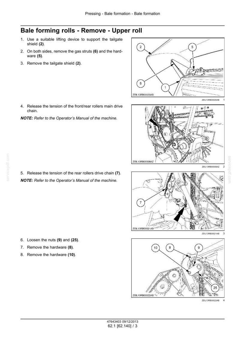 May include: Diagram illustrating the process of removing bale forming rolls. The image includes numbered steps with corresponding diagrams, detailing the removal of hardware, gas struts, and shields. Text instructions are provided.