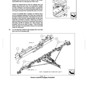 May include: A technical manual page titled FRAME POSITIONING - TRAVELLING Folding, featuring black and white line drawings of agricultural machinery components. It includes numbered diagrams, Detail A, and instructions for lockshaft and rockshaft engagement.