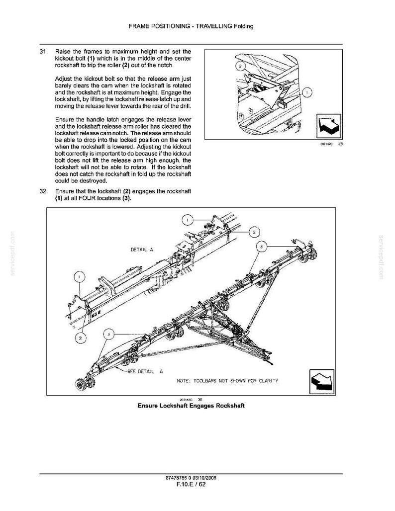 May include: A technical manual page titled FRAME POSITIONING - TRAVELLING Folding, featuring black and white line drawings of agricultural machinery components. It includes numbered diagrams, Detail A, and instructions for lockshaft and rockshaft engagement.