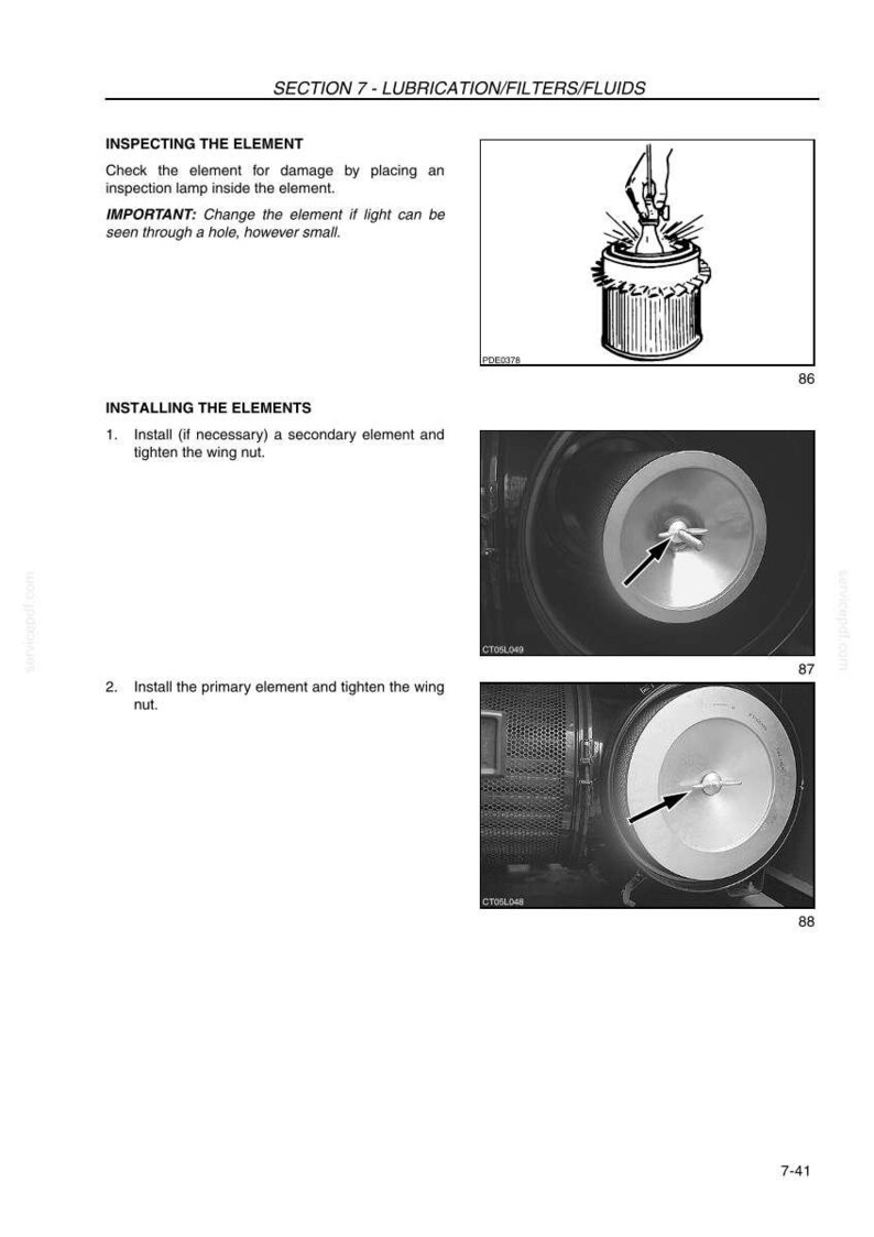 May include: Page from a manual detailing the inspection and installation of an element. The page includes diagrams and instructions for checking the element for damage and installing the secondary and primary elements, with a focus on tightening the wing nut.