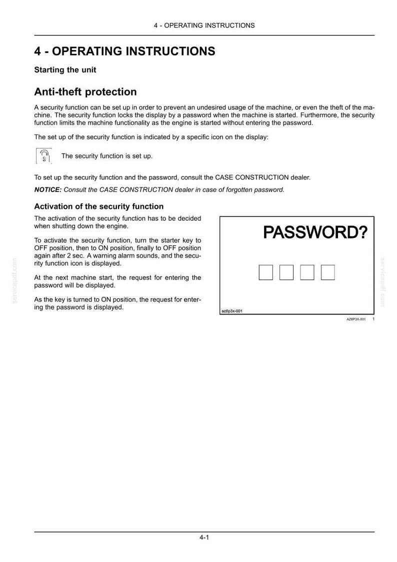 May include: Page from an operating instructions manual with the title "4 - OPERATING INSTRUCTIONS". The text describes anti-theft protection, activation of the security function, and a password entry screen with four blank boxes.