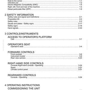 May include: A black and white table of contents page from a technical manual. The text lists sections including General Information, Safety Information, Controls/Instruments, and Operating Instructions with corresponding page numbers.