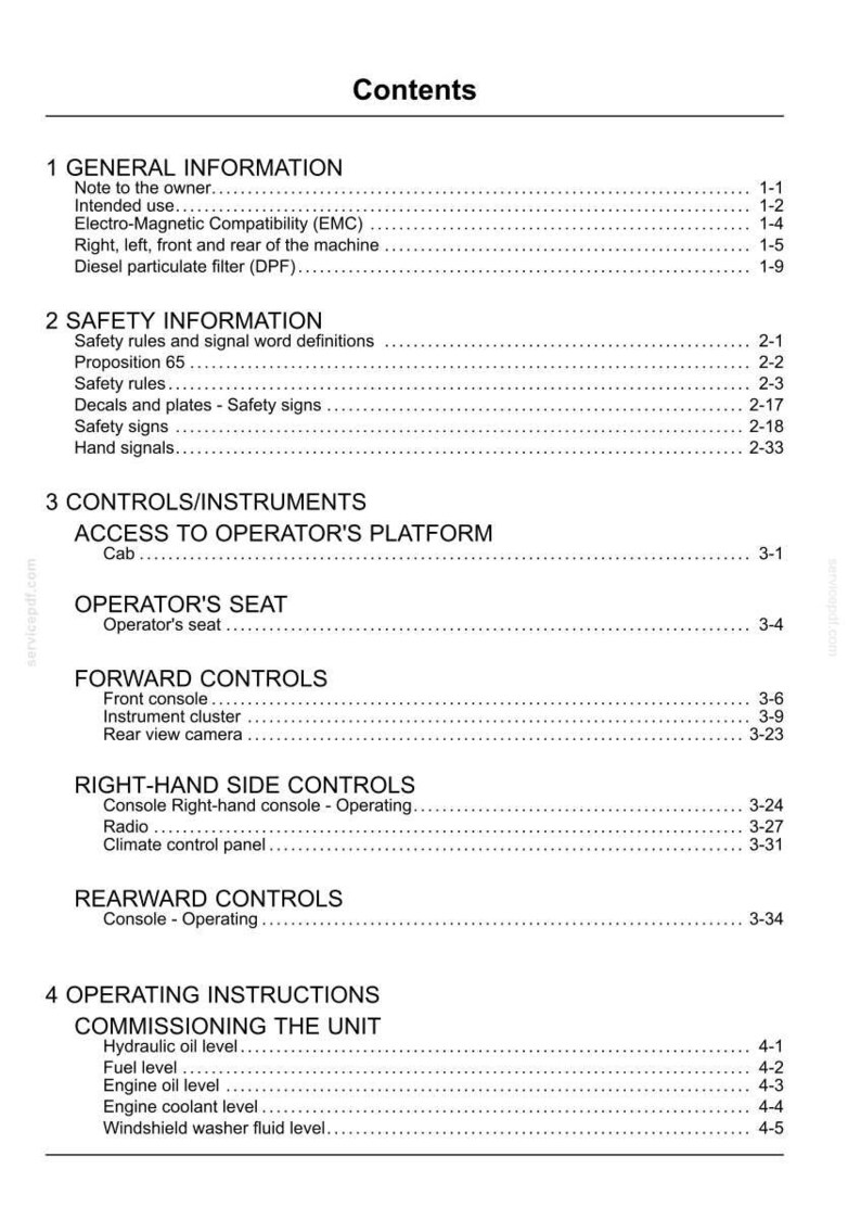 May include: A black and white table of contents page from a technical manual. The text lists sections including General Information, Safety Information, Controls/Instruments, and Operating Instructions with corresponding page numbers.