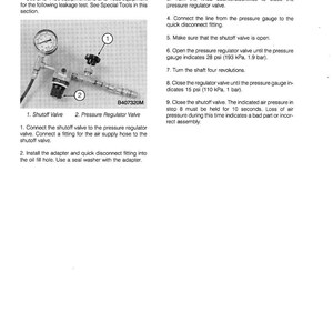 May include: A black and white diagram illustrating a leakage test setup. The image includes a pressure gauge, shutoff valve, and pressure regulator valve. Text labels identify the components and provide instructions for the test, including pressure readings in psi and kPa.