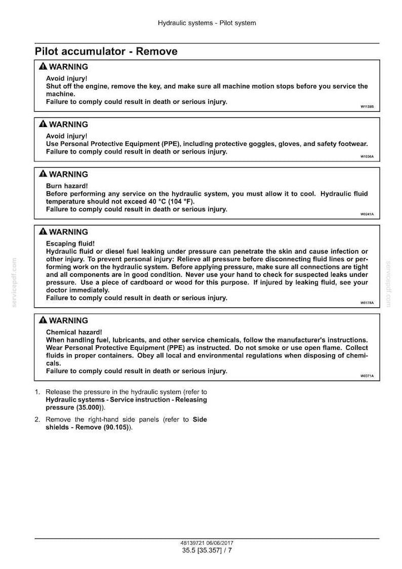 May include: A safety manual page with warnings about hydraulic systems. Text includes "Pilot accumulator - Remove" and several hazard warnings with instructions for safe operation, including the use of PPE.