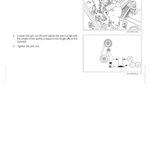 May include: Diagram of a baler's pivot roll, adjust, and drive chain. The image includes detailed illustrations of the chain idler adjuster assembly, hex nut, and jam nut, with labels for each component. Instructions are provided.