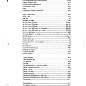May include: A page from a technical manual index listing topics from Rear tire pressure to Worklamps, with corresponding section codes. The text is printed in black on a white background, organized in alphabetical order with dotted leader lines.