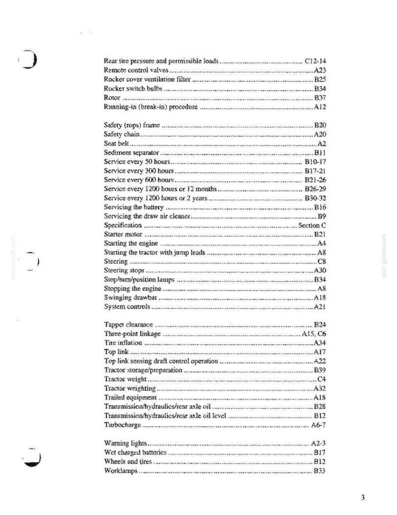 May include: A page from a technical manual index listing topics from Rear tire pressure to Worklamps, with corresponding section codes. The text is printed in black on a white background, organized in alphabetical order with dotted leader lines.
