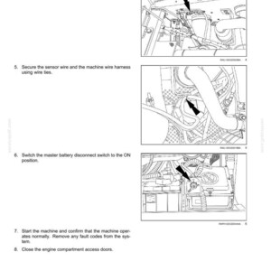 Peut inclure: Sch&eacute;ma technique d'un syst&egrave;me &eacute;lectrique avec des fl&egrave;ches indiquant des composants sp&eacute;cifiques. Les instructions comprennent la reconnexion des capteurs, la fixation des fils, la mise en marche de l'interrupteur de batterie et le d&eacute;marrage de la machine.