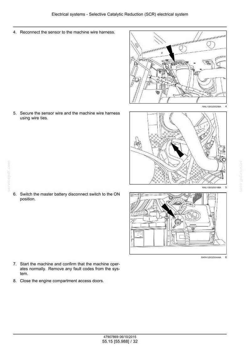 Peut inclure: Sch&eacute;ma technique d'un syst&egrave;me &eacute;lectrique avec des fl&egrave;ches indiquant des composants sp&eacute;cifiques. Les instructions comprennent la reconnexion des capteurs, la fixation des fils, la mise en marche de l'interrupteur de batterie et le d&eacute;marrage de la machine.