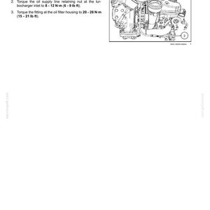 May include: Diagram of an engine turbocharger oil supply line installation. Instructions include installing the oil supply line, torquing the retaining nut to 6-9 lb ft, and torquing the fitting to 15-21 lb ft. The image includes a detailed illustration.